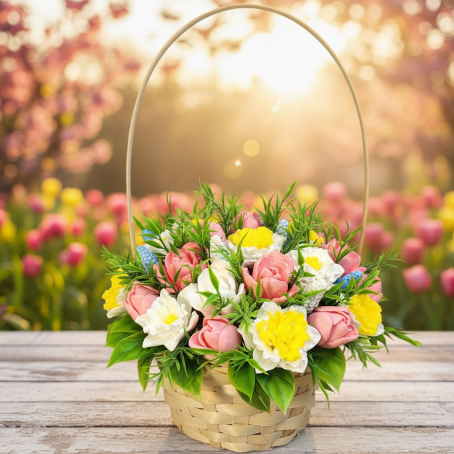 Тюльпаны и нарциссы в корзинке