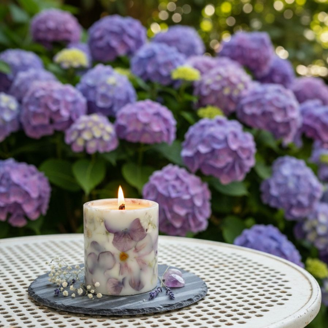 ароматическая свеча с лепестками гортензии