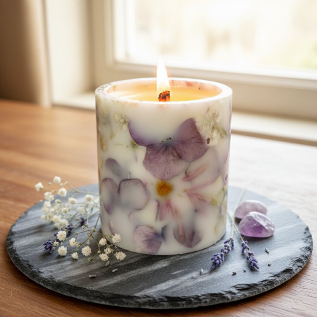 горящая ботаническая свеча с гортензией