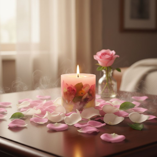 ботаническая свеча с лепестками роз