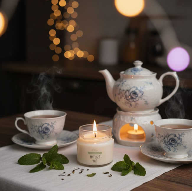 свеча и чайный сервиз