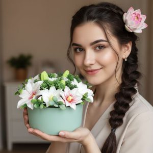 Букет мыльных лилий в шляпной коробке