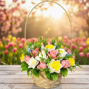 Тюльпаны и нарциссы в корзинке